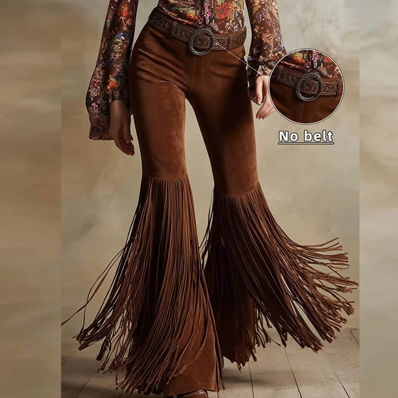 Retro Solid Suede Fringe Flare Pants Women's High Waist Slim Fit Casual Trousers 2026 Spring Fall Streetwear Long Tassel Bottoms