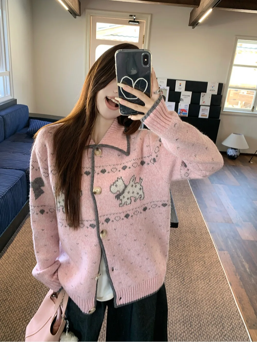 

Осенний повседневный универсальный свитер 2025 года с вышивкой в стиле Fair Isle и цветочным узором, с вышивкой собачек, свободного кроя, с отложным воротником, с длинными рукавами, для женщин