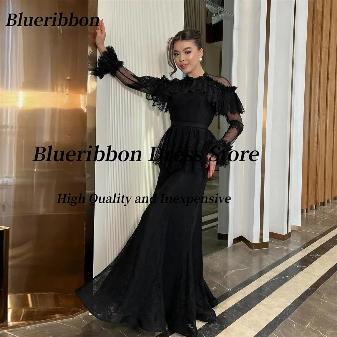 Blueribbon vestido de noite o-pescoço grânulo mangas compridas vestido de baile com zíper nas costas فساتuden لات ха14] Personalizado