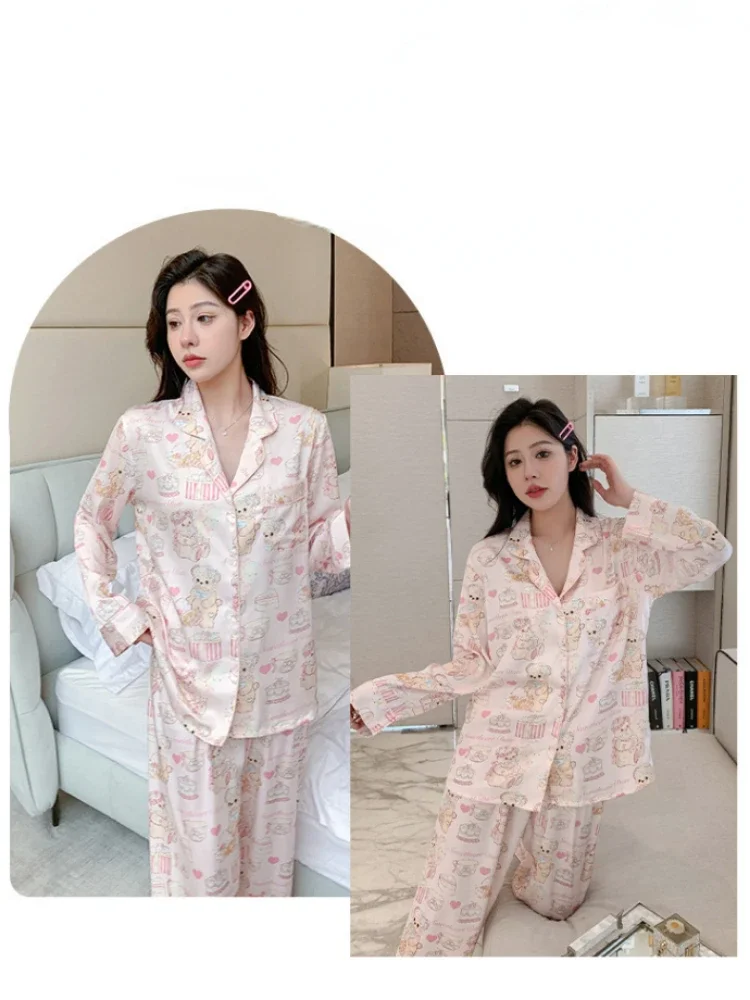 Pajama Pants Set Long Pants Long Sleeve Autumn Loose Large Size Women's Clothing Homewear Button Printed Casual  Comfortablee