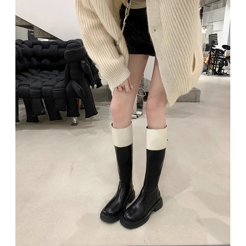 Patchwork Color Leather Botas Largas De Mujer Back Zipper Round Toe Long Boots For Women Platform Chunky Mid Heels Modern Style