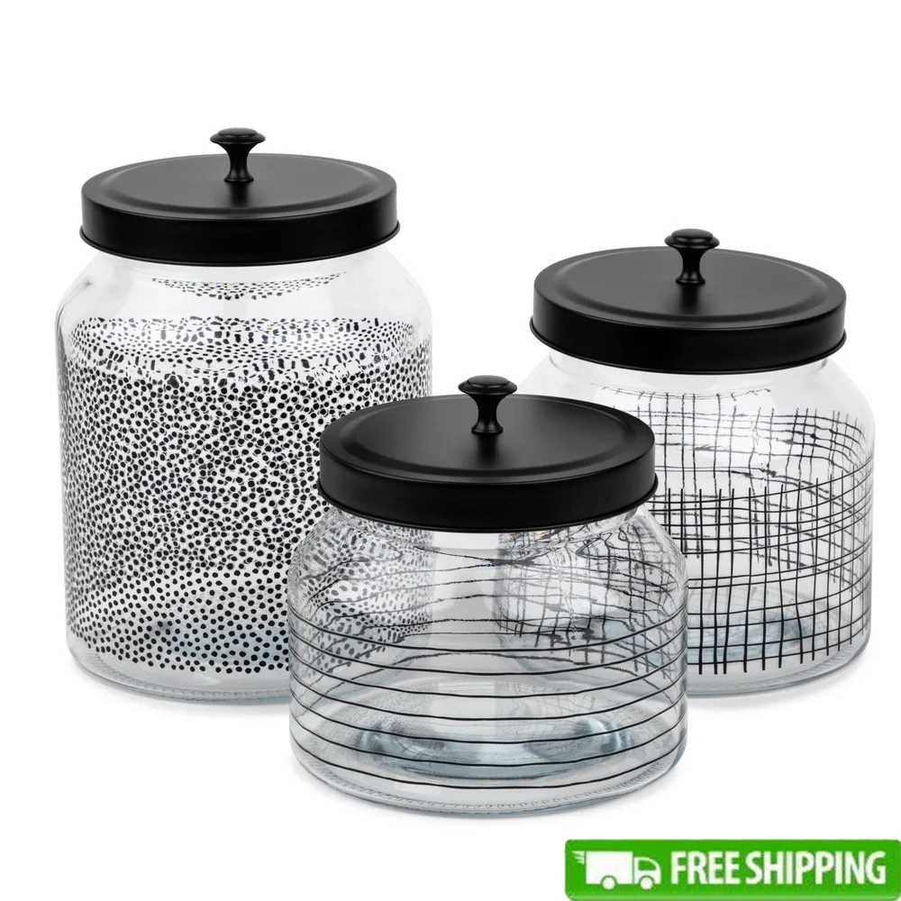 

Geometric Glass Food Storage Jars 3-Piece Set with Matte Black Lids Airtight Kitchen Organization Dry Foods Snacks Grains Spices