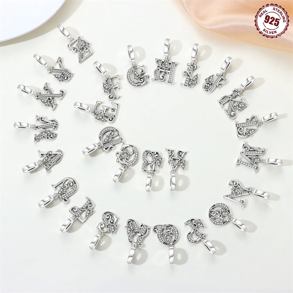 Compatible 925 Sterling Silver 26 English letter name charms Fit DIY Bracelet Necklace Gifts with names for friends