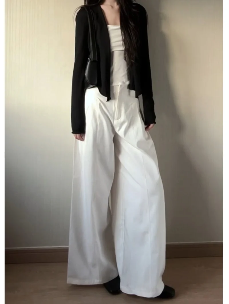 

Retro Washed White Pleated Casual Pants Women's Loose Bf Lazy Style Floor-Length Trousers High Waist Wide Leg Pants