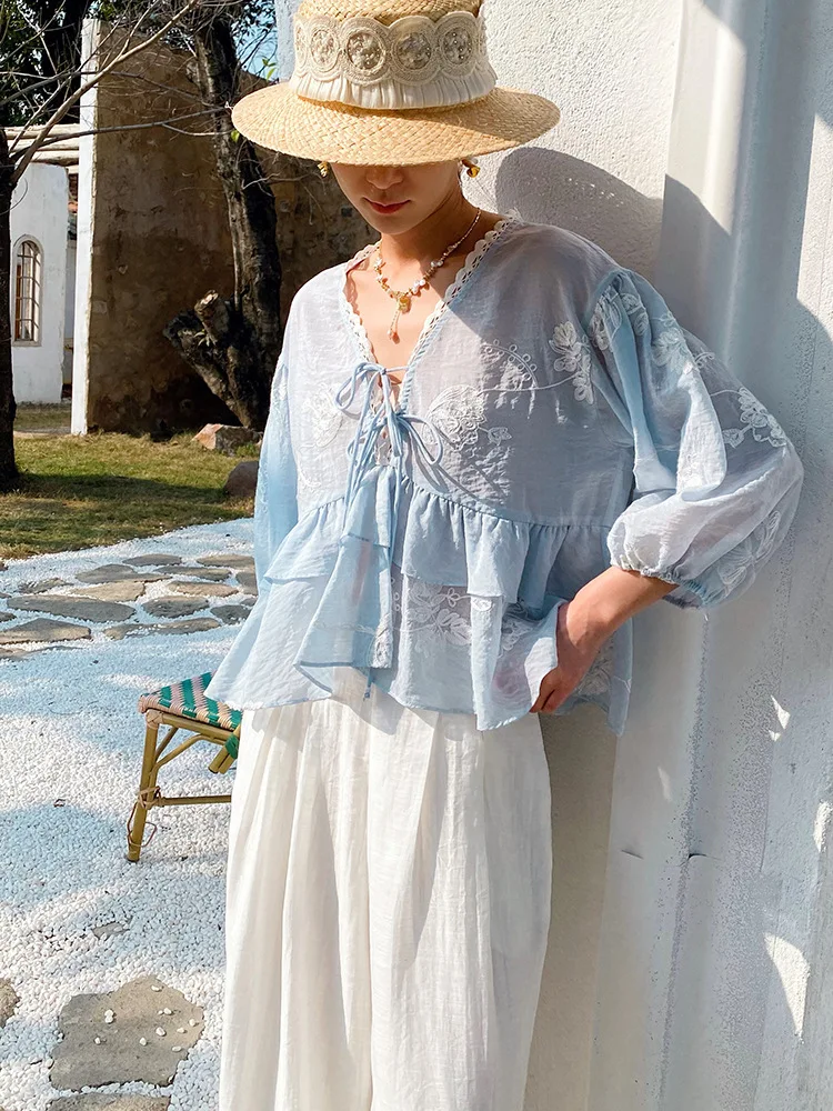 

Fairycore Floral Embroidery Blouse Women Sexy V Neck Tie Front Shirt Tiered Ruffle Hem Puff Sleeve Sheer Boho Tops Summer 2026