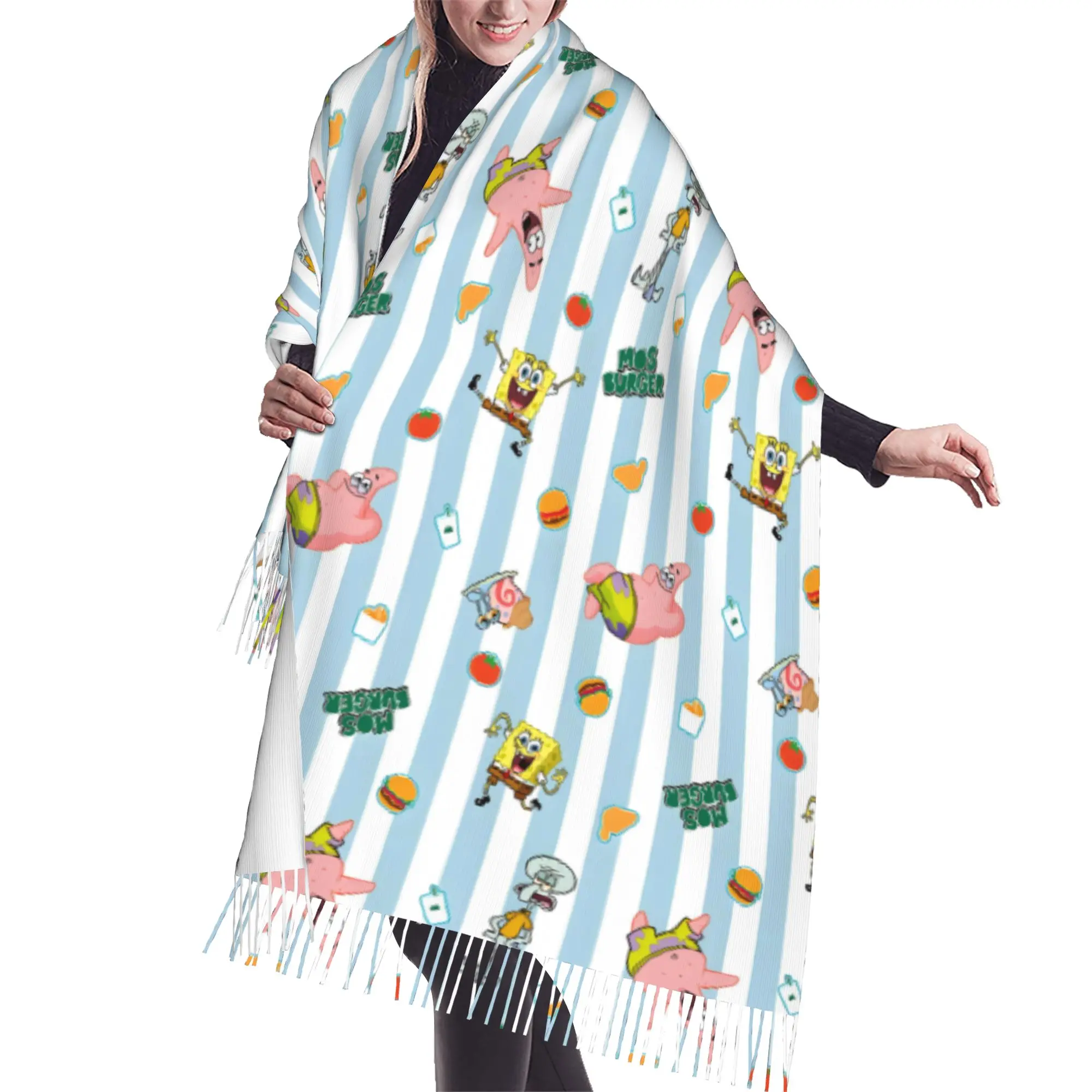 Custom Ladies Large S-Sponges Anime Bobes Scarves Women Winter Fall Soft Warm Tassel Shawl Wrap Starfish Cartoon Scarf