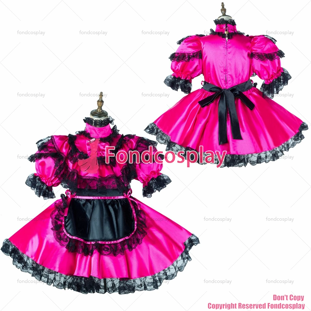 

fondcosplay adult sexy cross dressing sissy maid hot pink satin dress lockable Uniform black apron costume CD/TV[G2147]