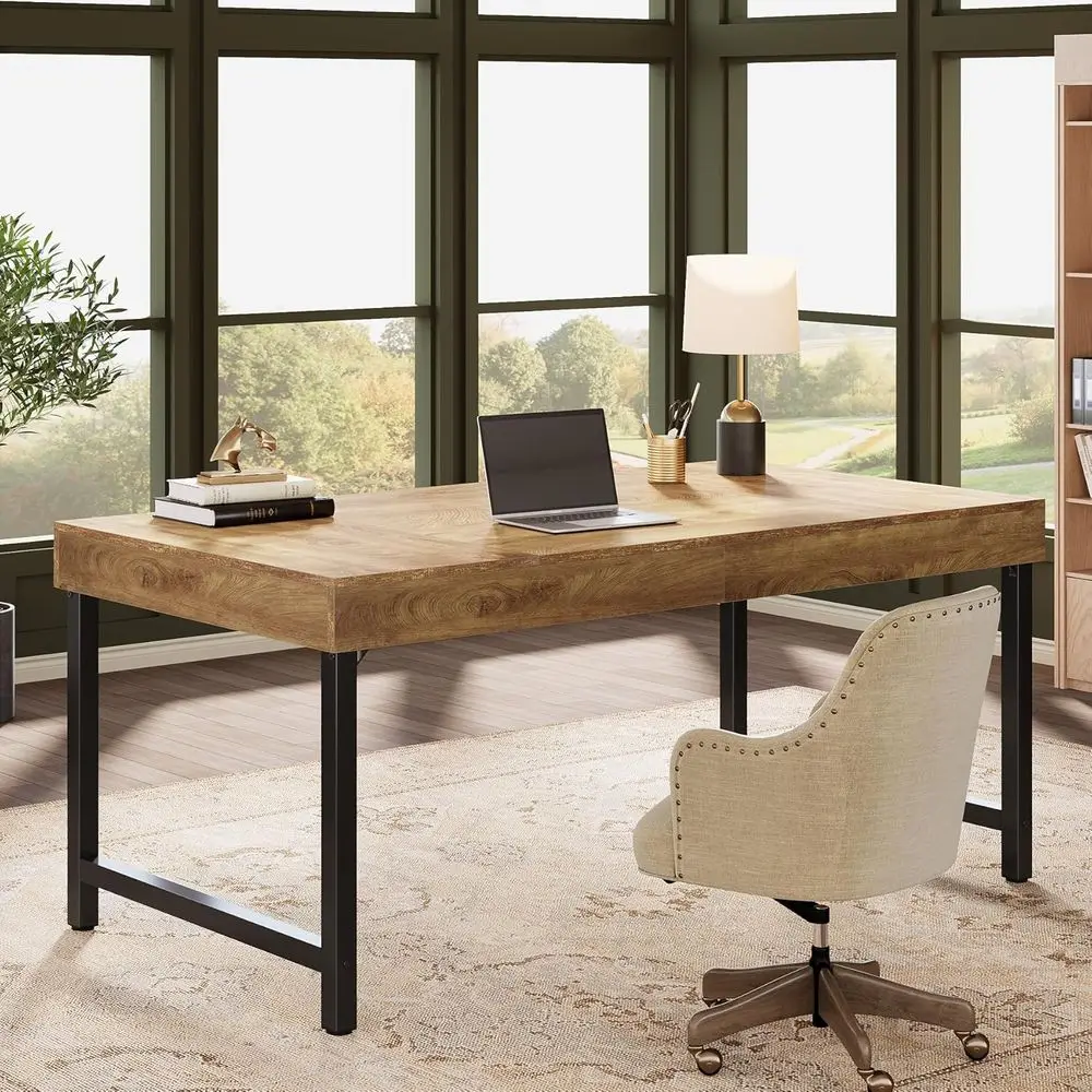 Rustic 55-Inch Industrial Style Home Office Desk with Metal Legs for Laptop, Study, and Business Meetings