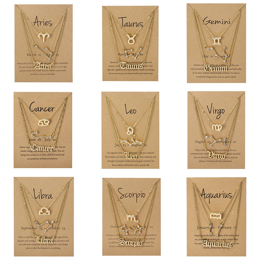 Conjunto de 3 colares com os 12 signos do zodíaco para mulheres, pingente de constelação, corrente, gargantilha, joias de aniversário com cartão de papelão
