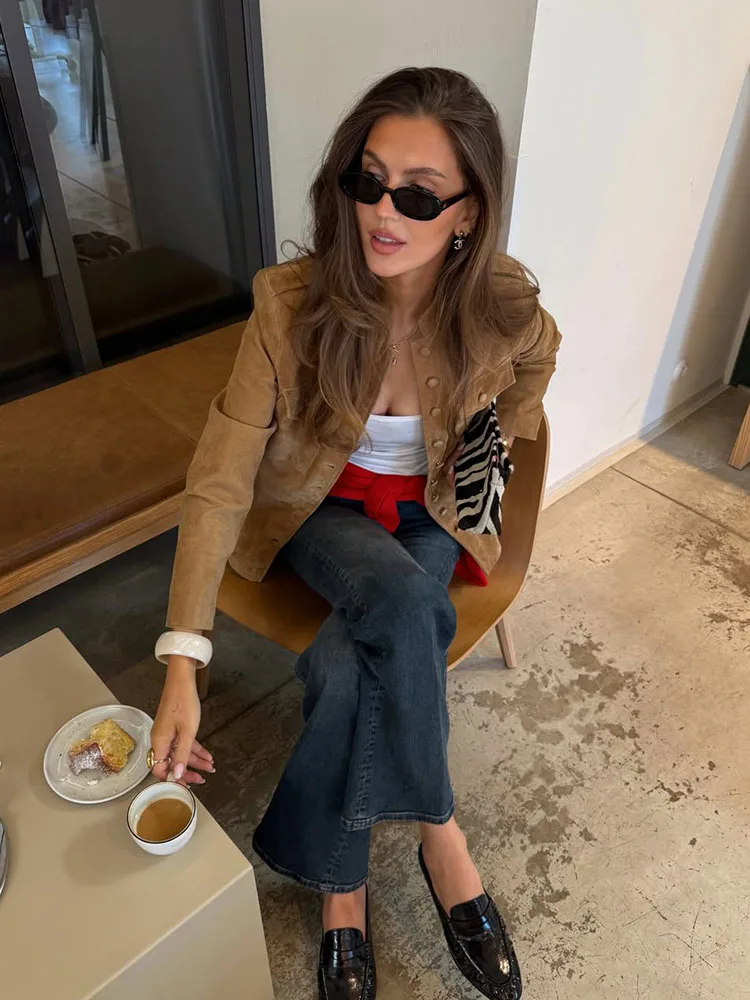 HH Women's Camel Suede-Look Military Jacket Button Front Epaulet Coat with Flap Pockets Spring Fall Casual Office Streetwear