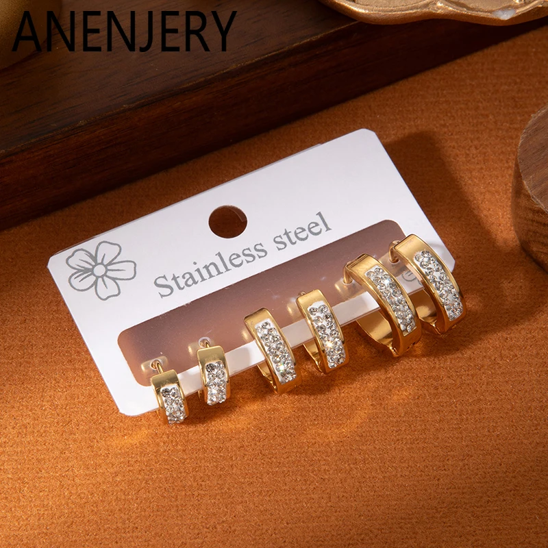 ANENJERY 316L Acero inoxidable dorado plateado hueco Circular pendientes de circón para mujeres Simple moda temperamento joyería regalo