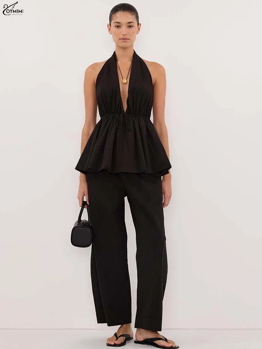 Oymimi Fashion Black Cotton 2 Pieces Set For Woman Elegant V-Neck Sleeveless Open Back Lace-Up Tops And Straight Trousers Sets