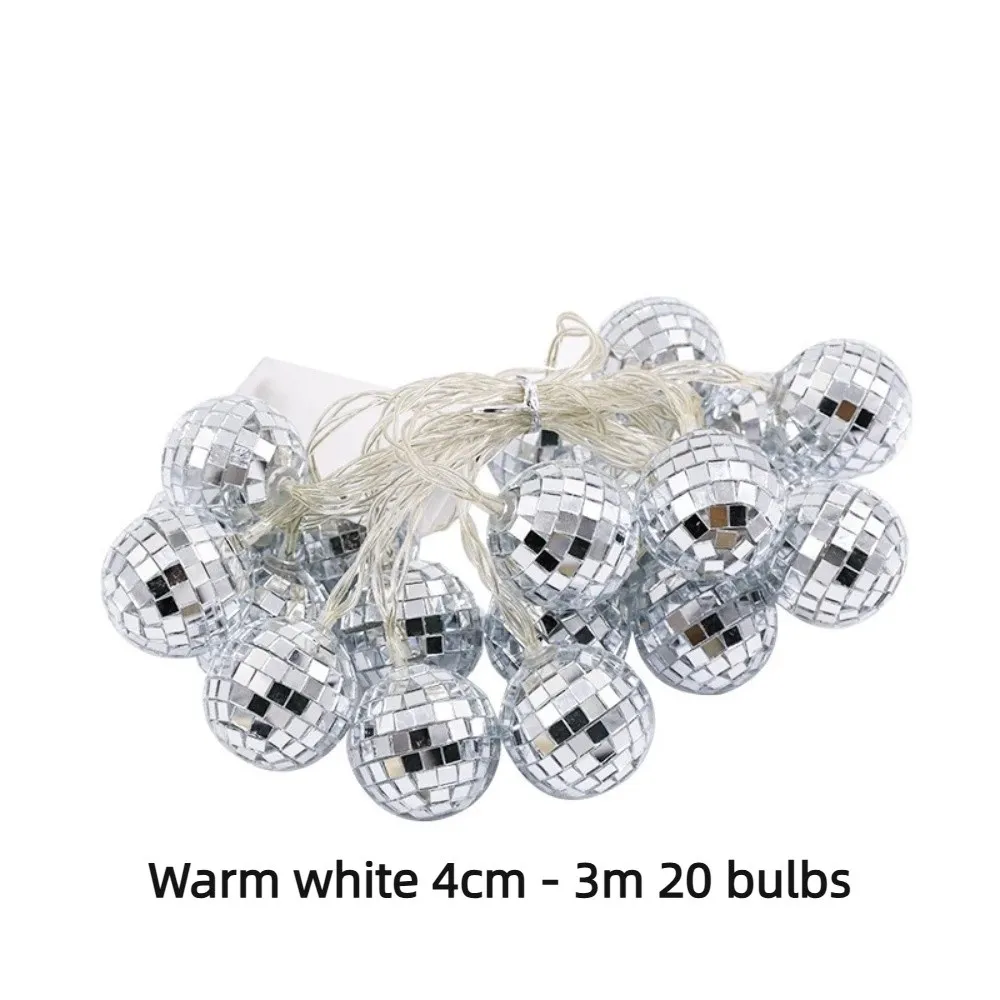 Festive Ambient LED Christmas Tree Ornament Lights Soft Glow Reflective Silver Mosaic Balls String Lights Warm Glow