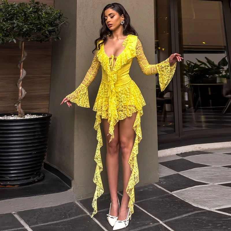 

Women's Spring New 2025 Solid Color Sexy Fashion Cutout Lace See Through Top And Shorts Suit Female Loungewear Two Piece Sets