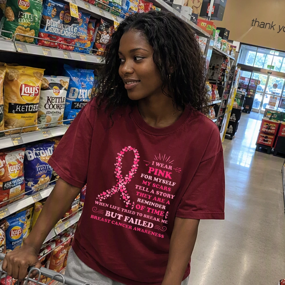 I Wear Pink My Scars Story Tee Women Breast Cancer Awareness Short Sleeve Cotton T-Shirt Strong Survivor Graphic Women Clothing