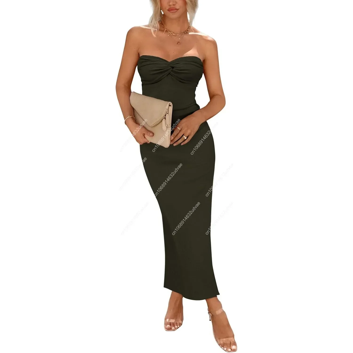 

Women's Bodycon Long Dresses Summer Strapless Tube Twist Knot Front Ribbed Knit Maxi Cocktail Dress with Slit