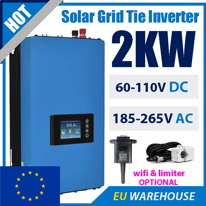 2000W Solar Grid Tie Inverter  Pure Sine Wave Power from Solar Panel or Battery DC 60-110V AC With Limiter WIFI Optional