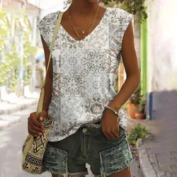 2024 Women's V-neck Vest Fashion Retro Flowers Art Print V-neck Vest Leisure Comfortable Women's Elegant Sleeveless V-neck Vest