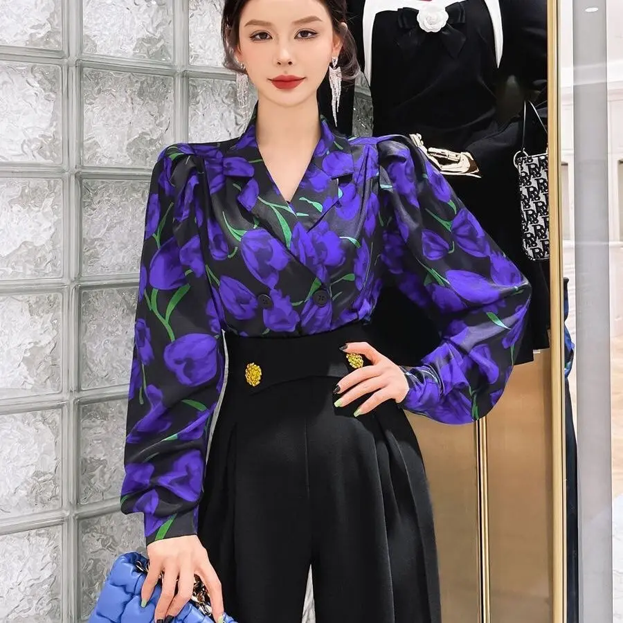 2024 New Fashion Printing All-match Women\'s Clothing Spring Autumn Long Sleeve Shirts V-neck Temperament Tops Trend Blouses