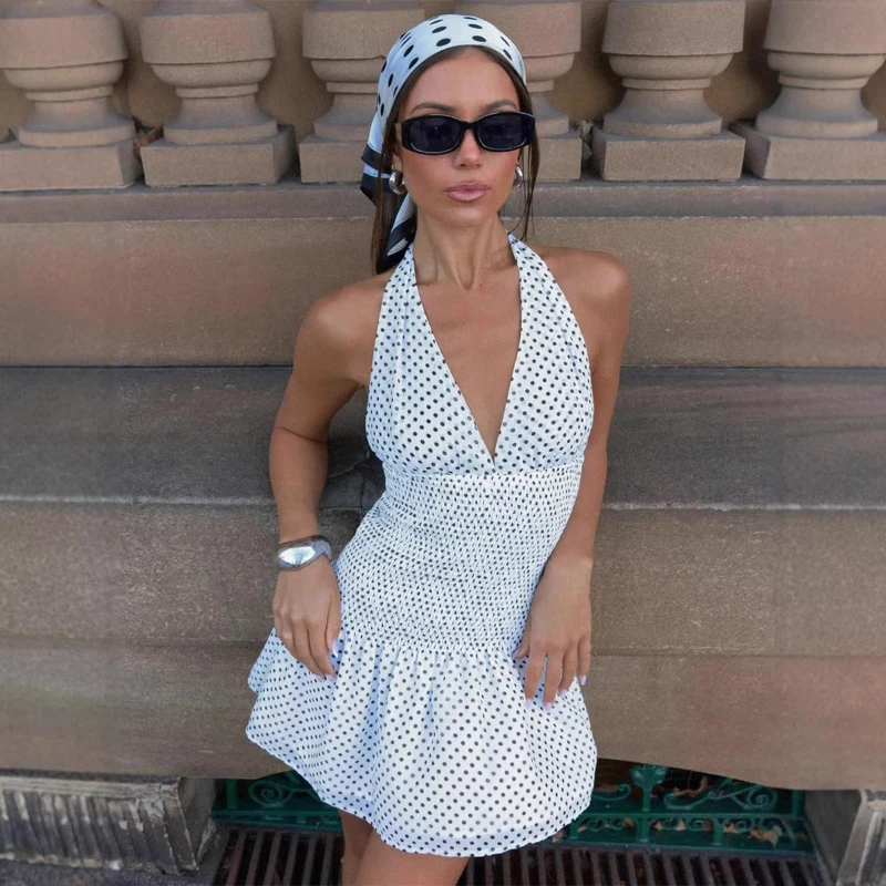 

2026 Summer New Neck Hanging Polka Dot Design with a Cinched Waist Short Dress for Women