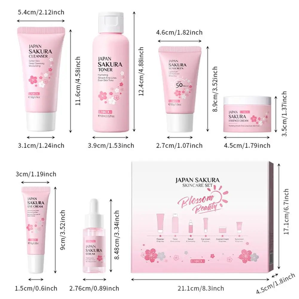 6 unids/set conjunto de cuidado de la piel Facial limpiador Sakura esencia blanqueamiento suero Facial crema hidratante y tóner de ojos antienvejecimiento D9S8