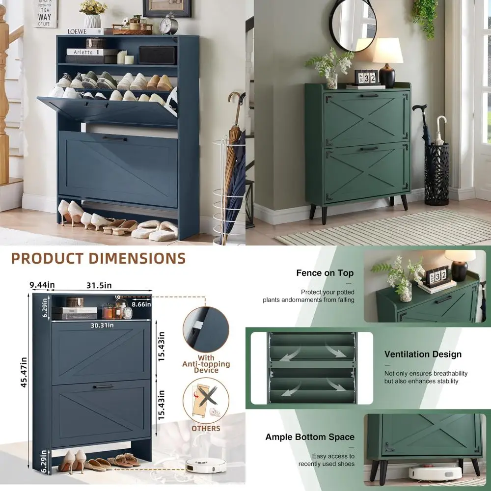 

Narrow Farmhouse Style Shoe Storage Cabinet with 2 Drawers and Legs