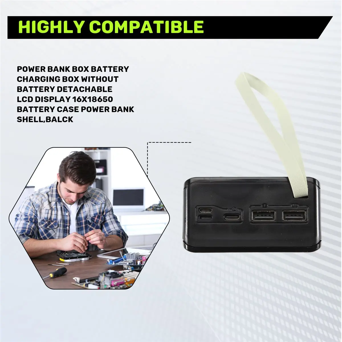 DT1074~Power Bank Box Battery Charging Box Without Battery Detachable LCD Display 16X18650 Battery Case Power Bank Shell,Balck
