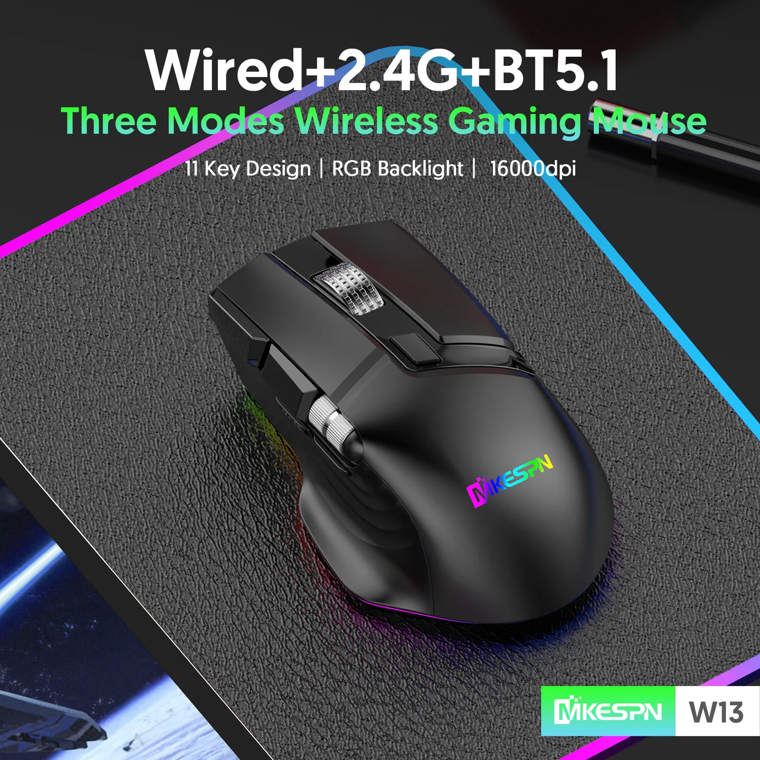 Macro Programming Wireless Gaming Mouse Two Mouse Wheel Bluetooth 2.4G 3 Mode Connect RGB Lighting 16000DPI Macro Definition W13