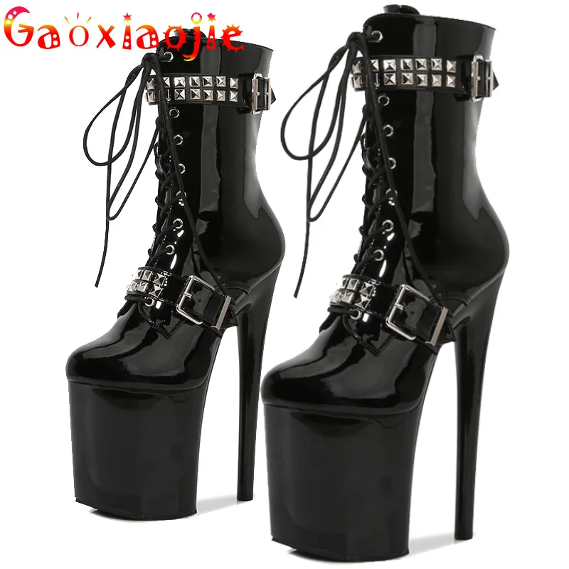 Women Shoes Patent leather High Modern Boots Thin Heels Waterproof Platform Thick Sole Heels 15 17 20CM Lace Up SM Queen Boots