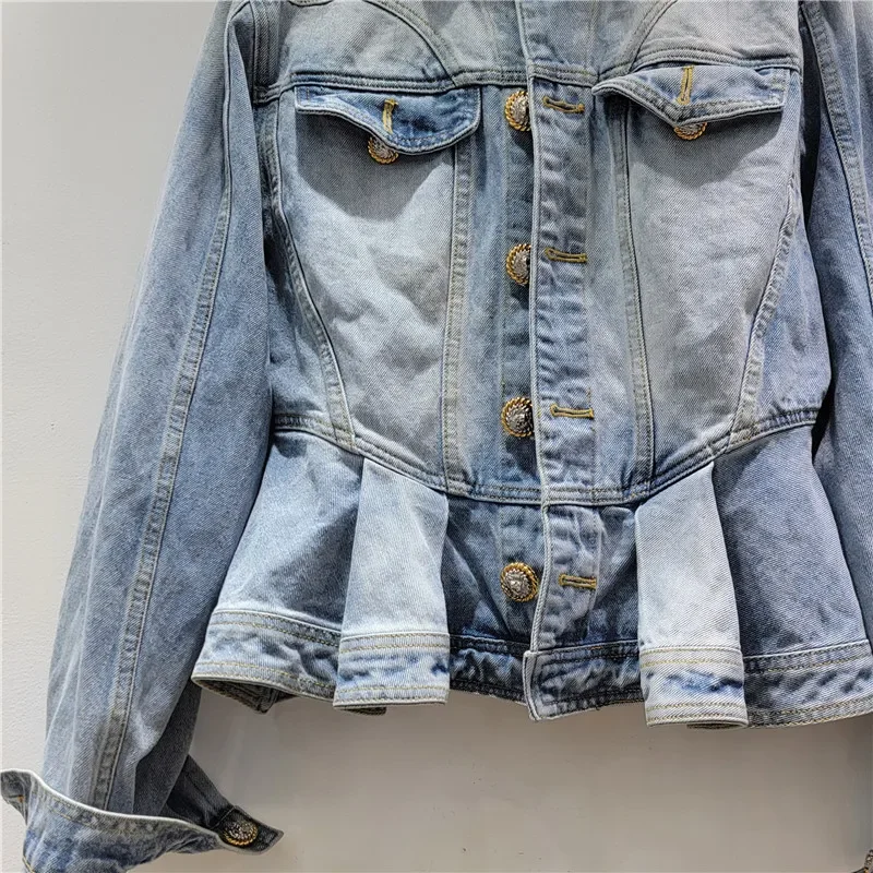 Spring New Ruffle Hem Jeans Jacket Women Vintage Washed Blue Short Coat Turndown Collar Single-Breasted Long Sleeve Denim Jacket - Image 4