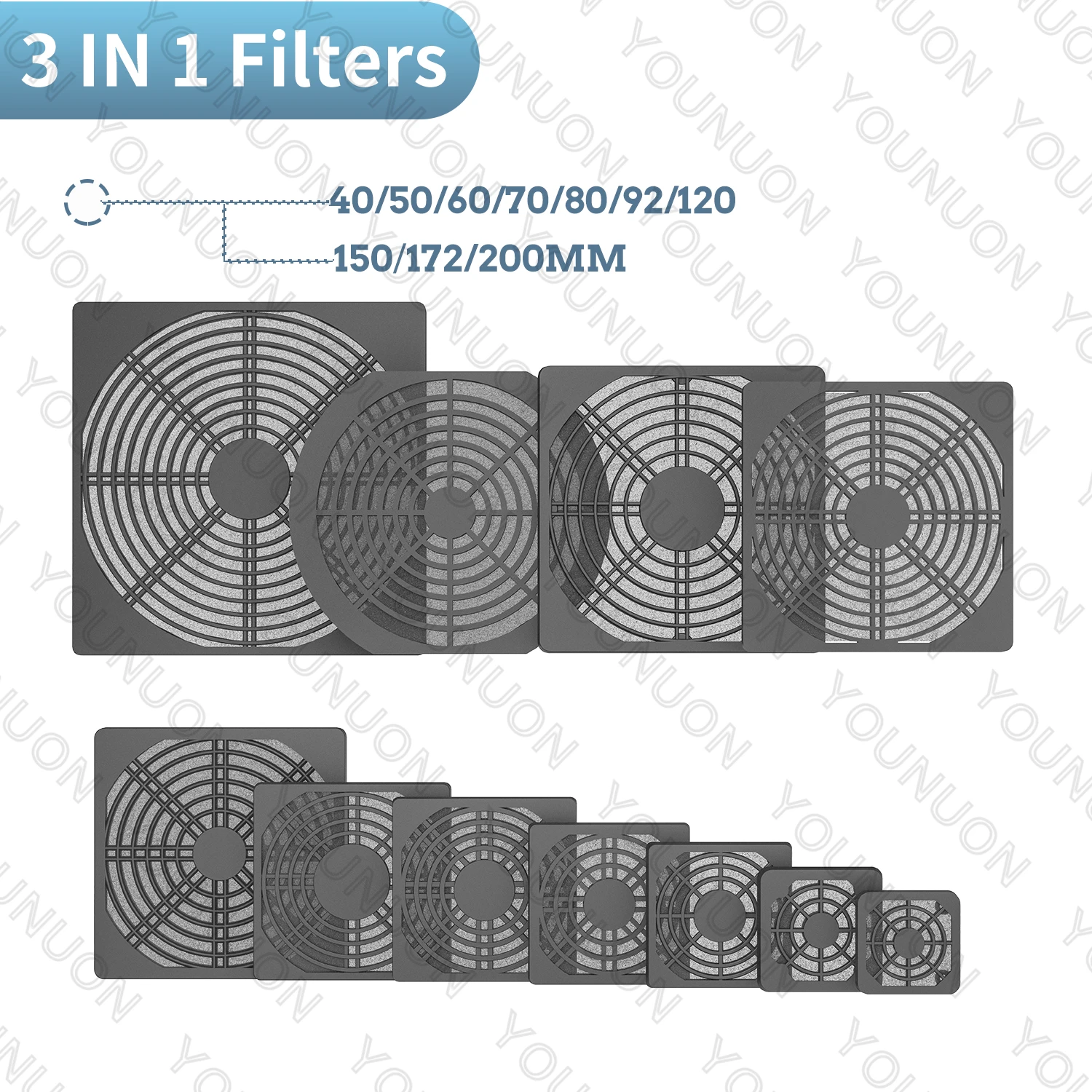 2PCS 3 IN 1 DustProof  Fan Filter 40/50/60/70/80/90/120/140/135/150/172/200MM Plastic Mesh Protective Net for Computer Case Fan