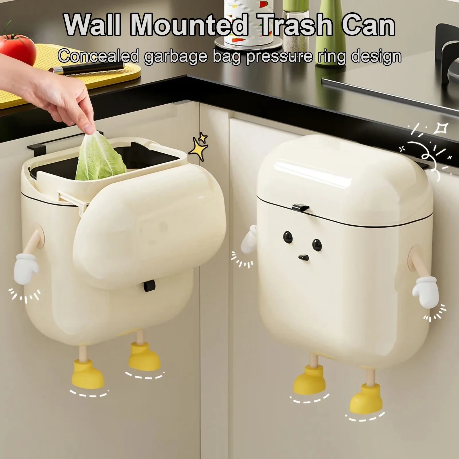 Diy Wall-Mounted Kitchen Trash Can with Lid Anti-Odor Food Waste Bin Wastebasket Garbage Cans for Home Bathroom High Appearance