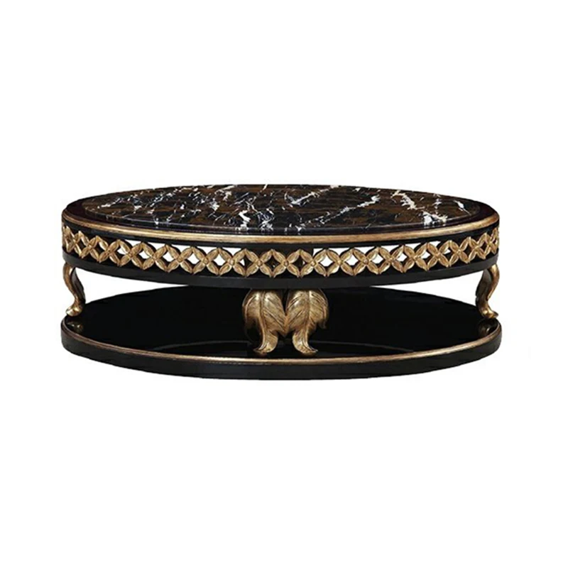 

High-grade solid wood luxury living room furniture coffee table classical marble top round coffee table set