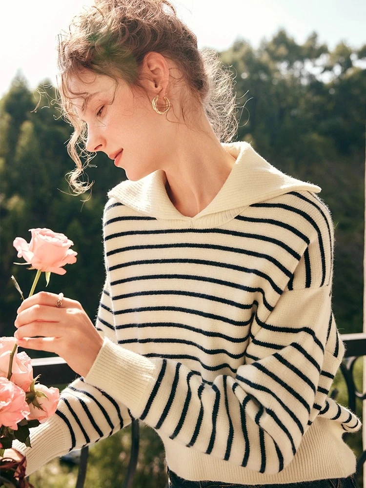 

OLrain Turn-down Collar Sweaters for Woman 2025 Autumn Striped Sweater Pullovers French Casual Solid Knitted Tops O22DM59866