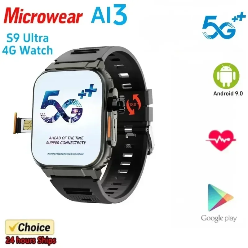 

Умные часы Microwear Ultra Ai3: 4G SIM-карта Android 2,2 дюйма Amoled, мониторинг здоровья AI, 180 ° Поворотная камера, хранилище на 256 ГБ
