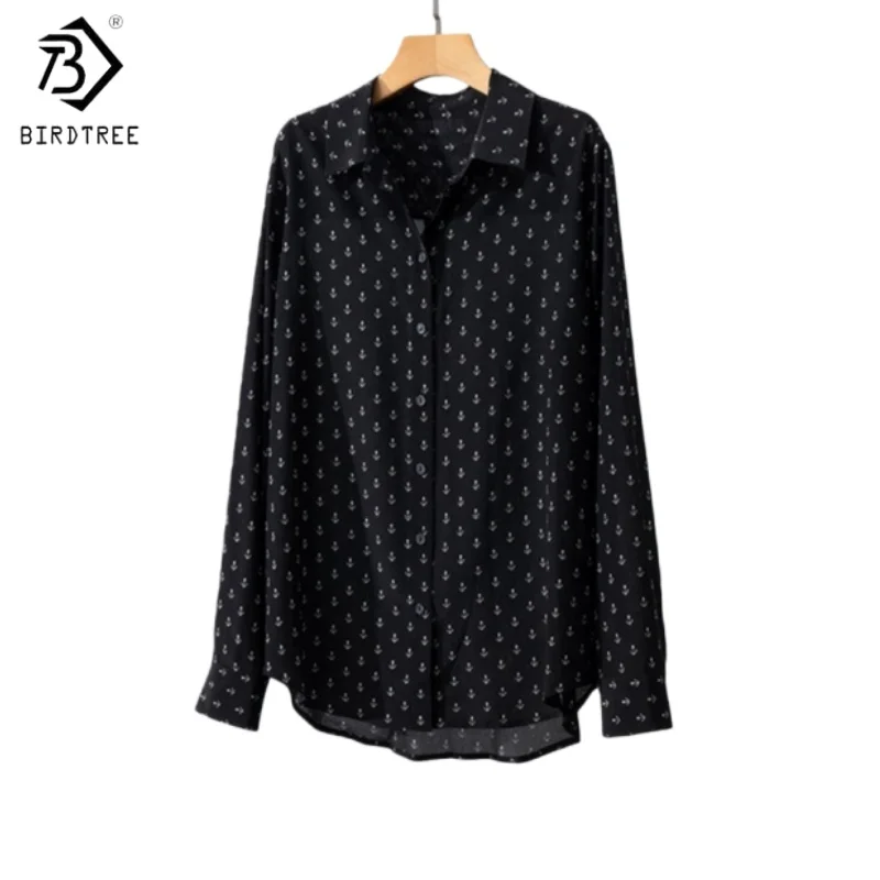 Birdtree, 100 % Maulbeerseide-Druckbluse, einreihige Damen-Bluse aus doppeltem Krepp, Revershemd mit vollen Ärmeln, 2025 neu T5D624JF