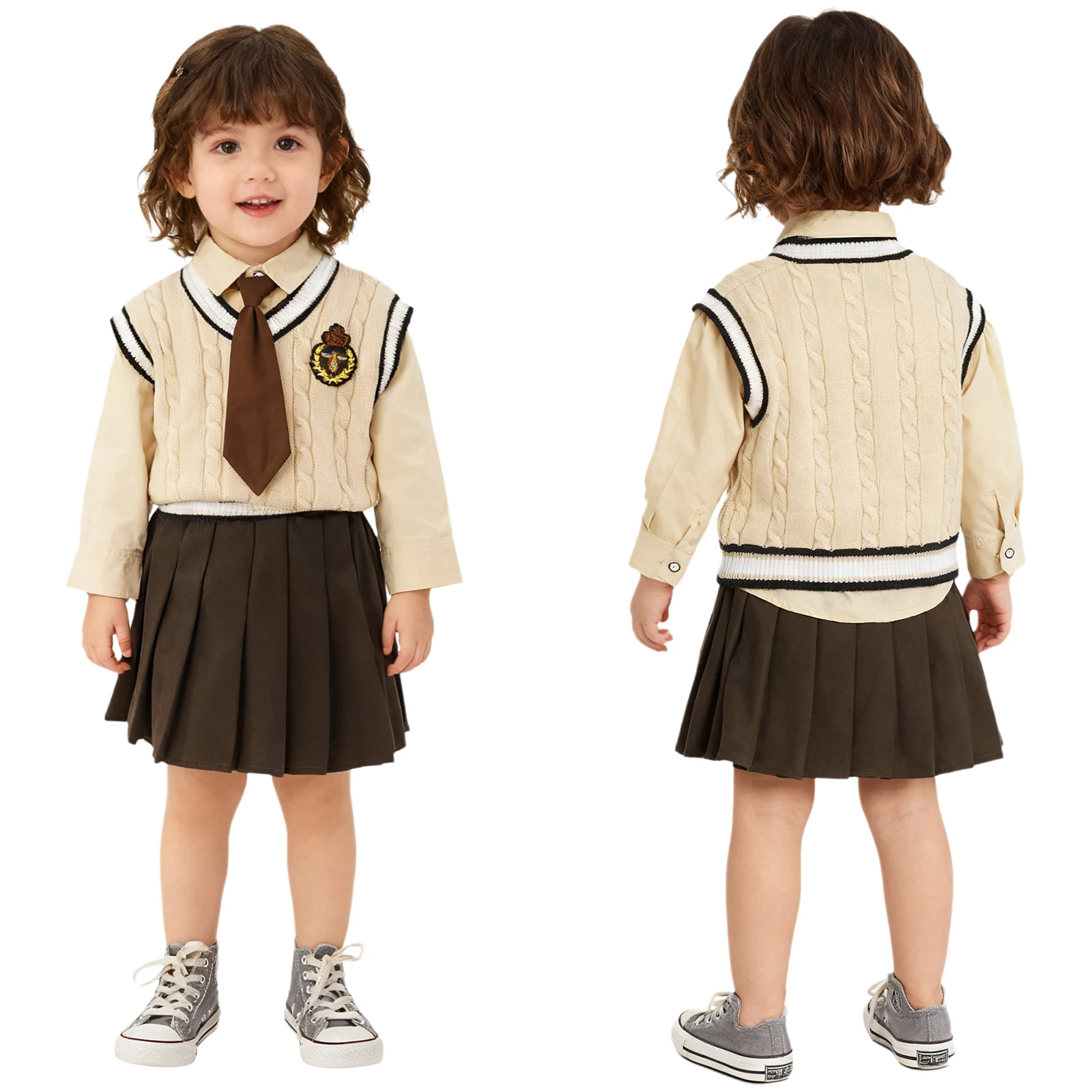 سترة متماسكة على طراز Preppy للأطفال الصغار مع ربطة عنق قميص وخصر مطاطي أو تنورة لربيع الخريف