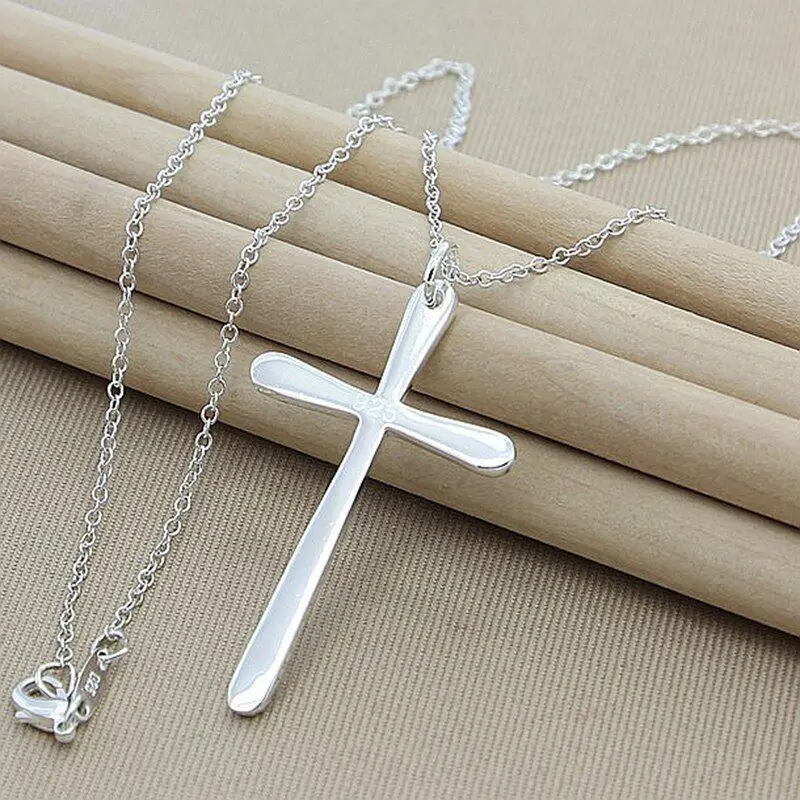 

925 Sterling Silver Plated Cross Shape Pendant Chain Necklace Catholic Fashion Jewelry