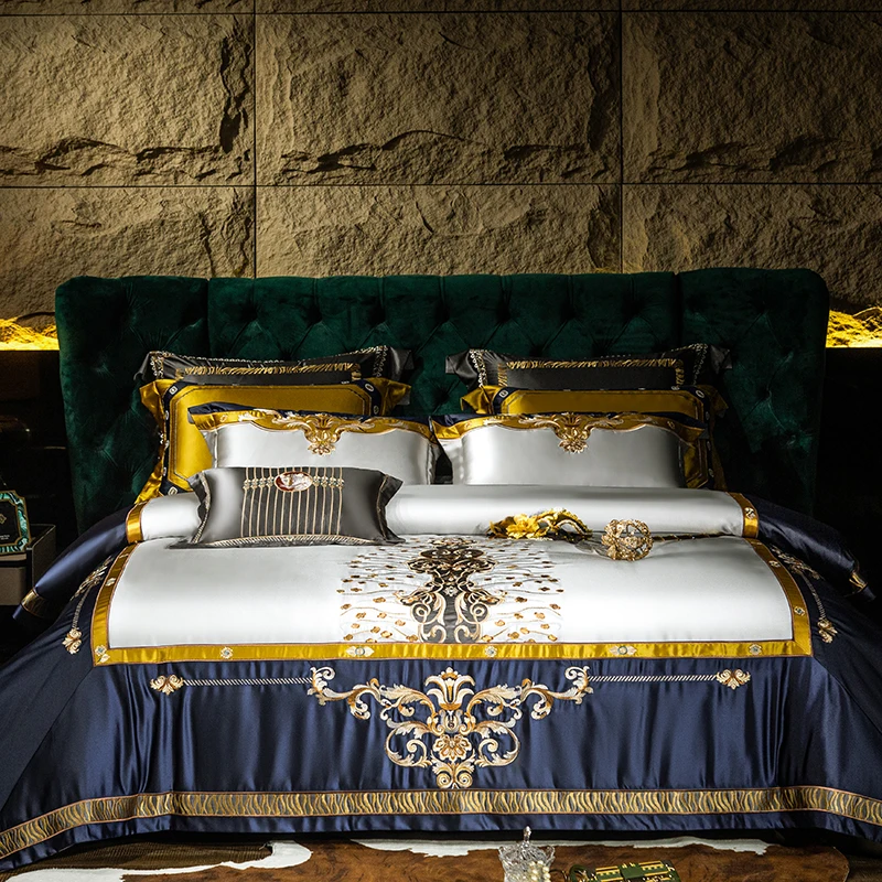 

European Luxury Style 4/6/8/11Pcs Blue Satin Silk Summer Set Bed Sheet Pillowcases Authentic palace Style Villa High-end Bedding