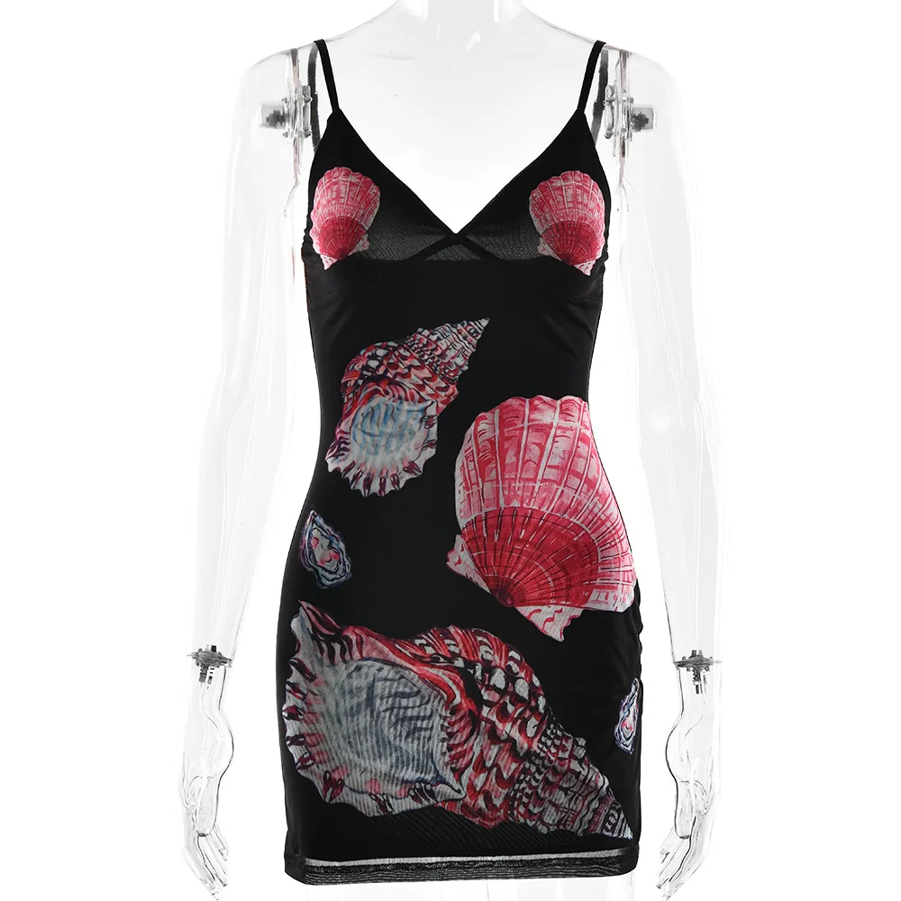 Nova saia de verão com suspensório Spice Girl, saia de praia feminina slim com estampa de malha em V profundo