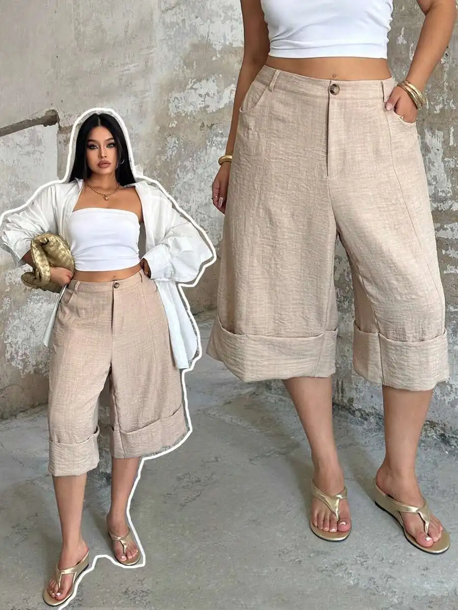 

Loose High-Waisted Wide-Leg Capri Pants With Cuffed Hem For Women, Casual Summer Style, Flattering Fit