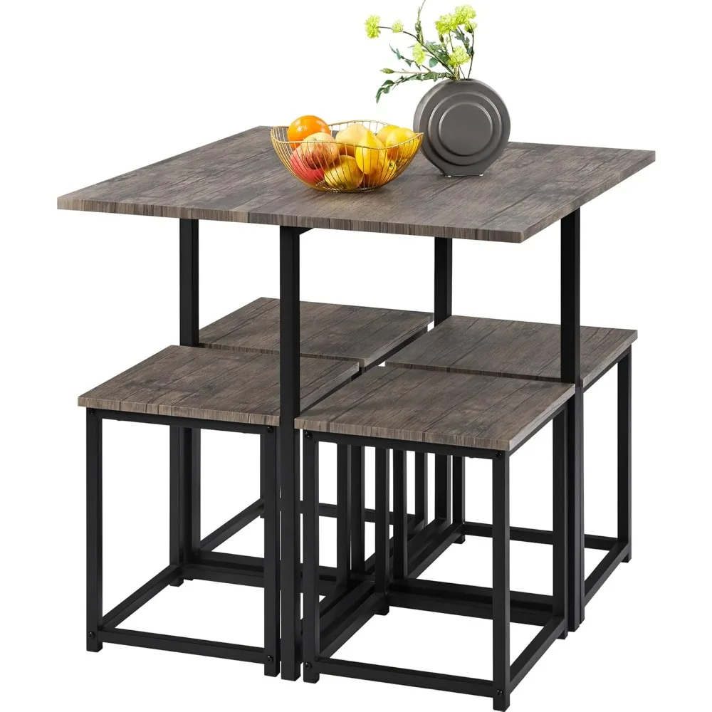 

5-Piece Dining Table Set with 4 Stools - Industrial Compact Kitchen Table & Chairs Sets, Space-Saving Design for Apart