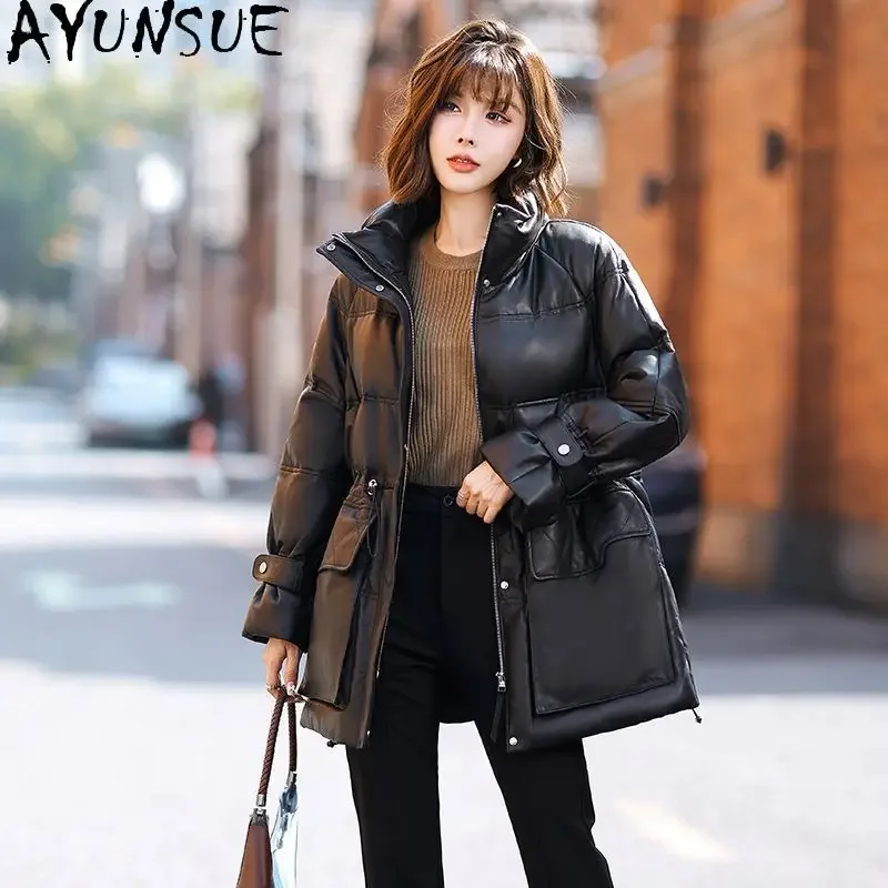 AYUNSUE-Chaqueta de piel de oveja auténtica Para mujer, abrigo holgado con cuello levantado, moda de invierno