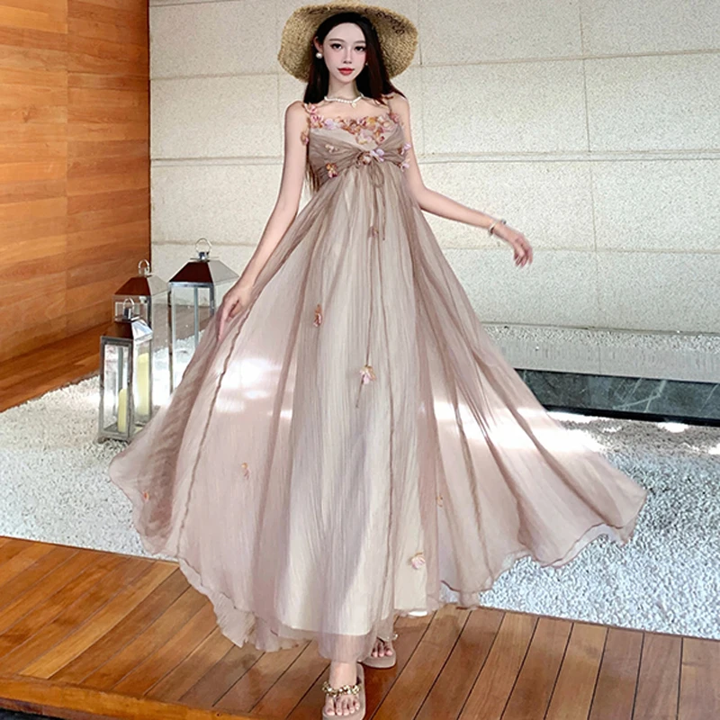 ภาษาฝรั่งเศสคําอารมณ์หวาน 3D ดอกไม้ Boho ชุดยาวหญิงเซ็กซี่สปาเก็ตตี้ Slim เอววันหยุดชุดบอลชุด