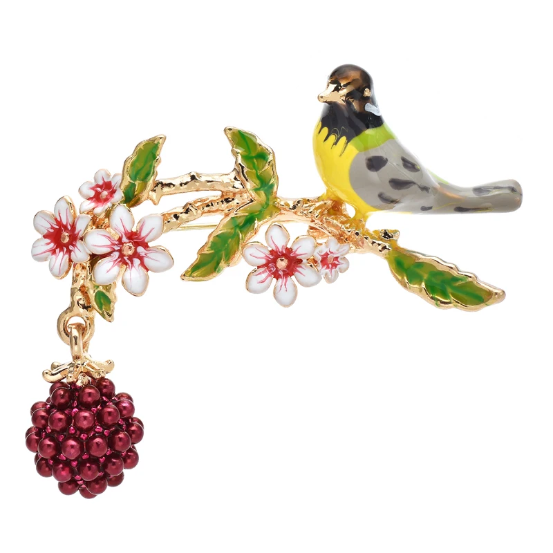 Wuli&baby Cute Fruits Bird Brooches For Women Enamel 2-color Beauty Bird In Flower Branch Party Office Brooch Pin Gifts