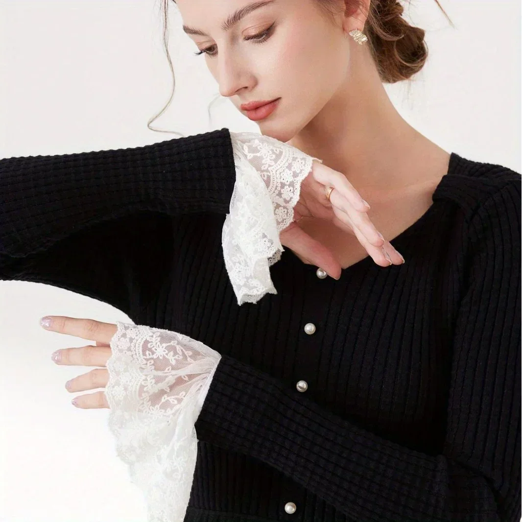1Pair Detachable Cuffs Lace Flower Mesh Fake Flared Sleeves Double Layer Pleated Ruched False Cuffs Sweater Blouse Wrist Warmers