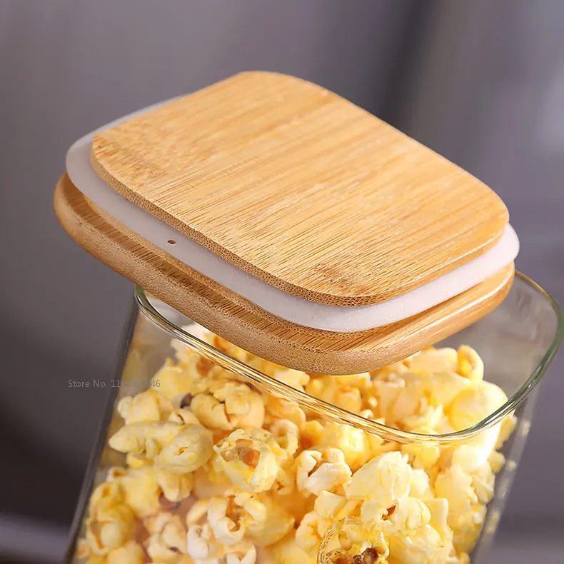 Square Mason Jar with bamboo Cover For Spices Glass Kitchen Container Glass Jars With Lids Jar Kitchen Jars And Lids Wholesale