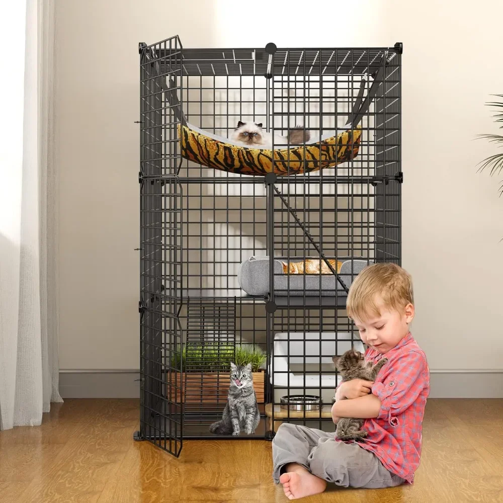 Cat Cage Indoor Catio DIY Cat Enclosures Metal Cat Playpen 3-Tiers Kennels Pet Crate with Extra Large Hammock for 1-2 Cats