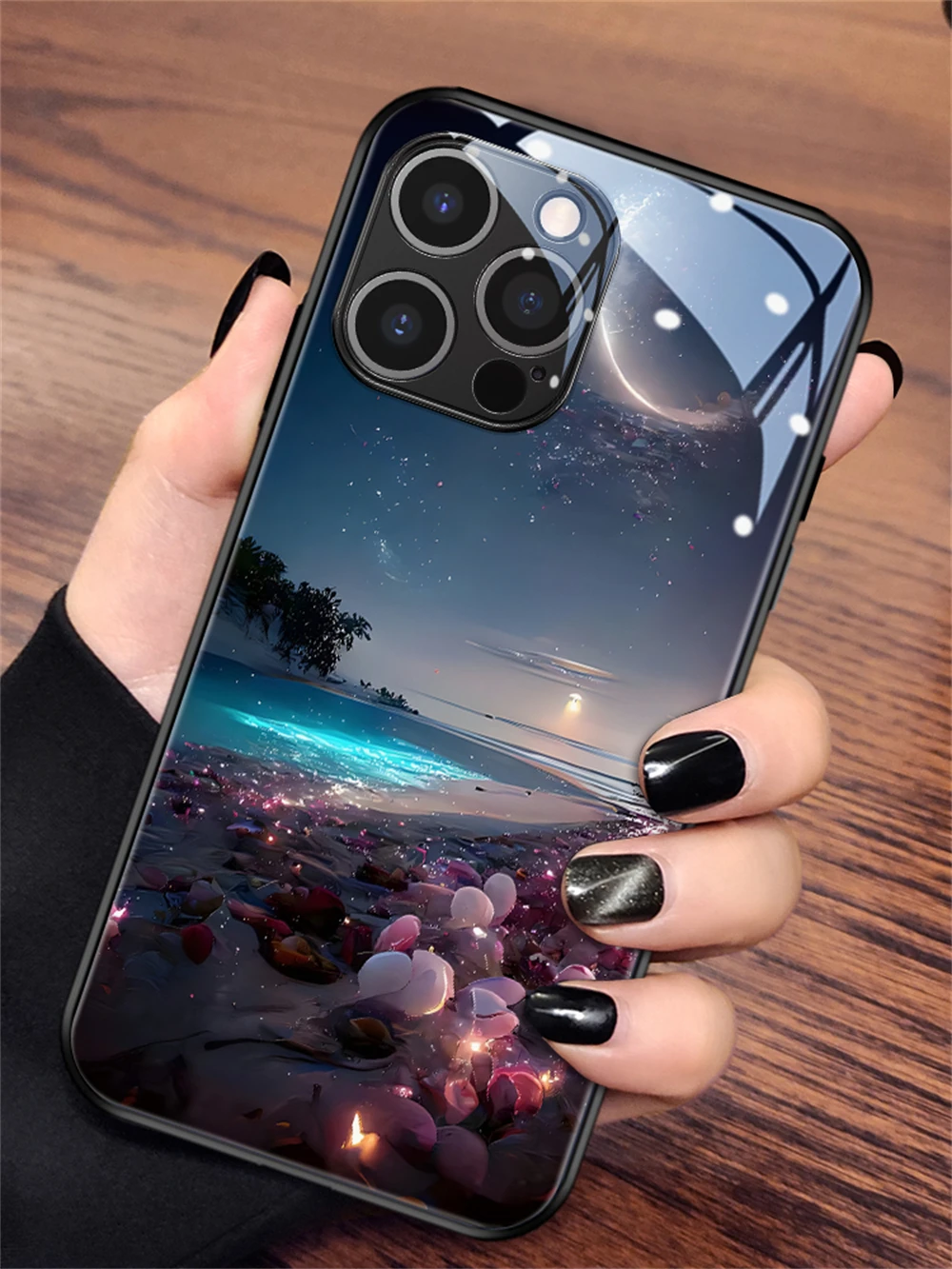 2026 Pretty Galaxy Beach Smart LED Light Glow Tempered Glass Phone Case For iPhone Air 18 17 16 E 15 14 13 12 11 Pro Max