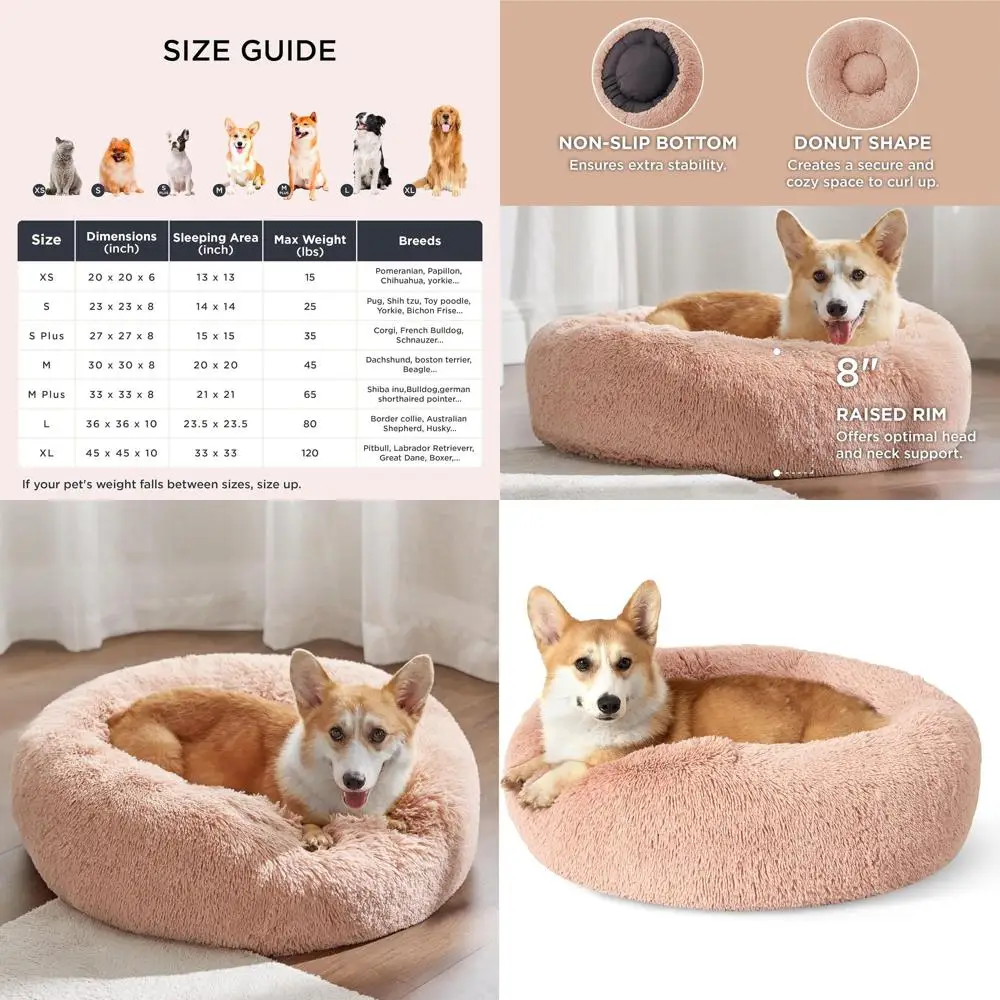Medium wasbaar donutvormig huisdierbed, 30 roze, pluche namaakbont, geschikt voor honden tot 45 lbs